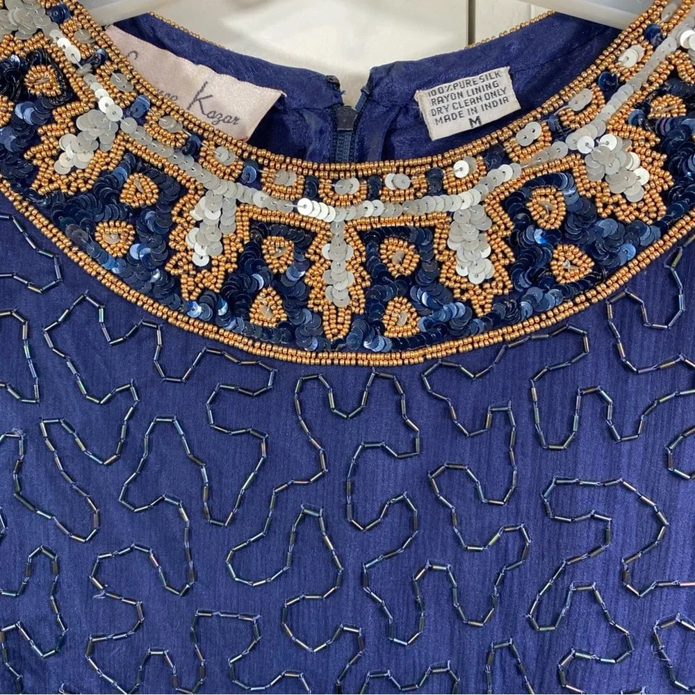 Vintage Silk Lawrence Kazar Embellished Beaded Sequined Sheath Dress Blue Gold M - Picture 2 of 8